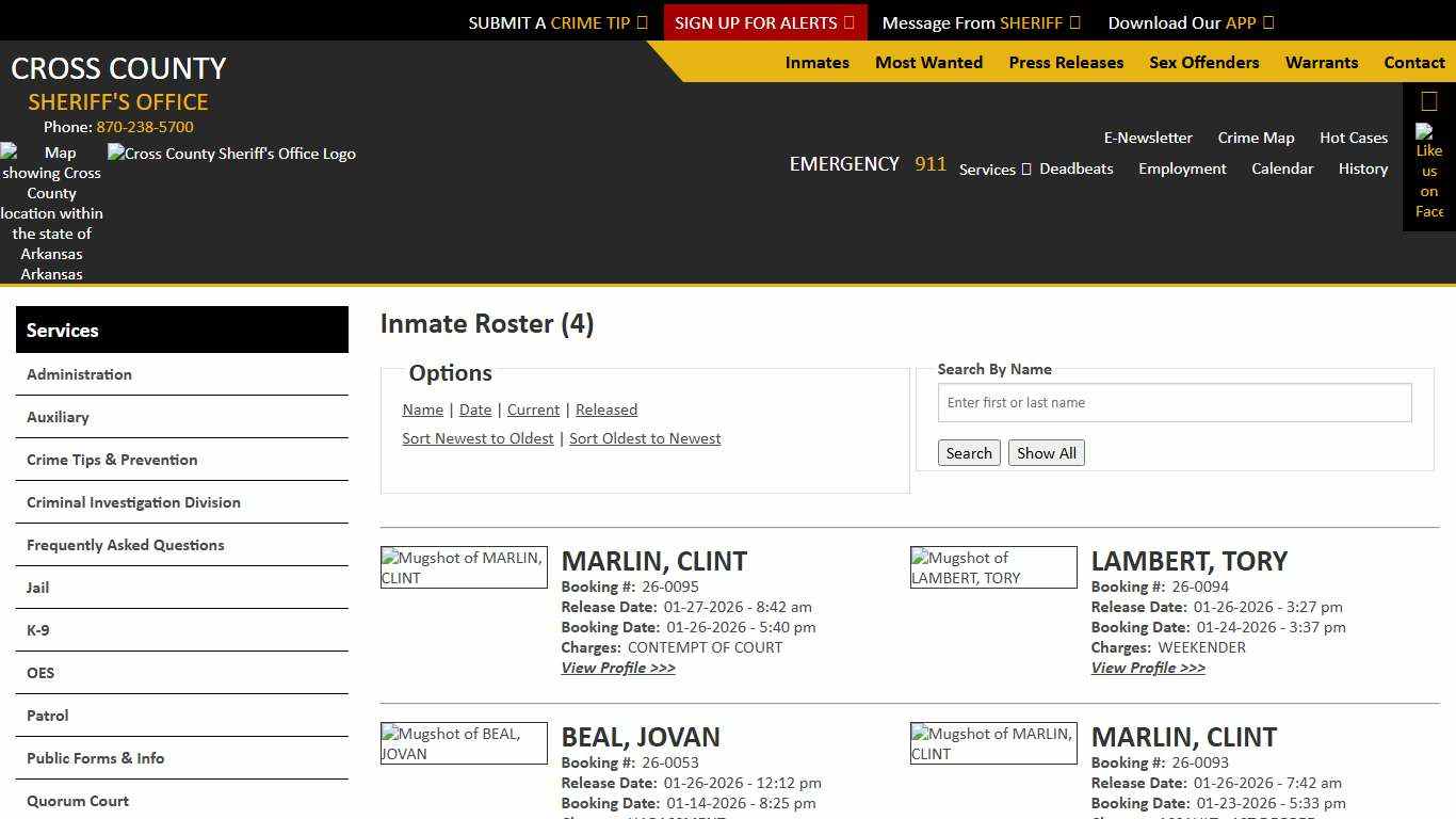 Inmate Roster - Released Inmates Booking Date Descending - Cross County Sheriff AR